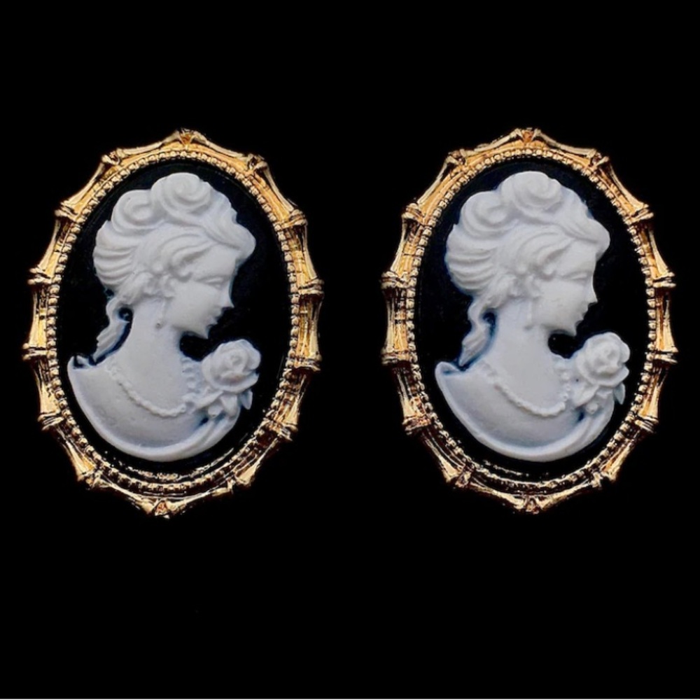New! Black & White Gold Trim Portrait Cameo Oval Vintage Style Fun Earrings New